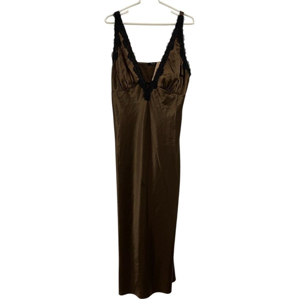 Massimo Dutti Womens Slip Maxi Dress XL Brown Satin V-Neck Flowy 6620/646 NWT